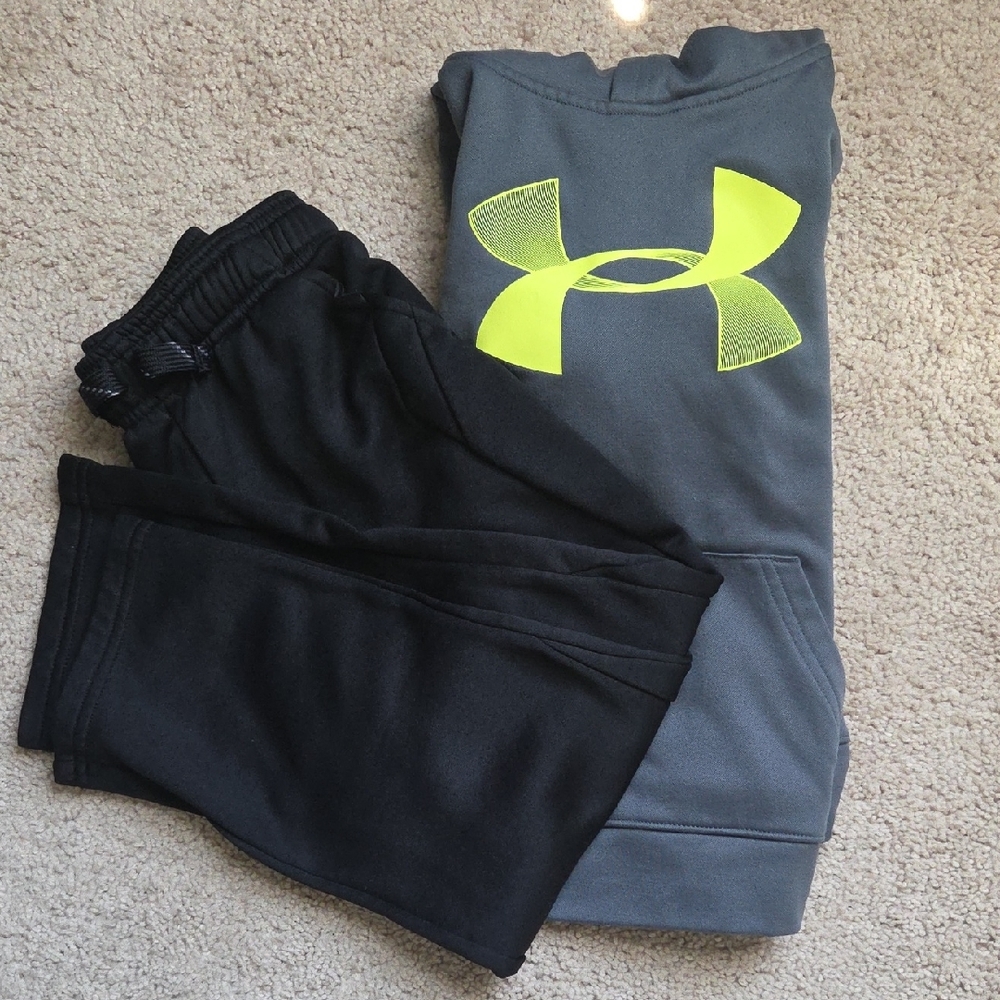 Euc BOYS SZ 6 UA Hoodie w Neon Yellow Logo AND EUC JUMPING BEANS Black Pant SET